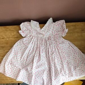Vintage Fleur De Lis Girls 3T Pink Floral Smocked Cotton Dress Peter Pan Collar